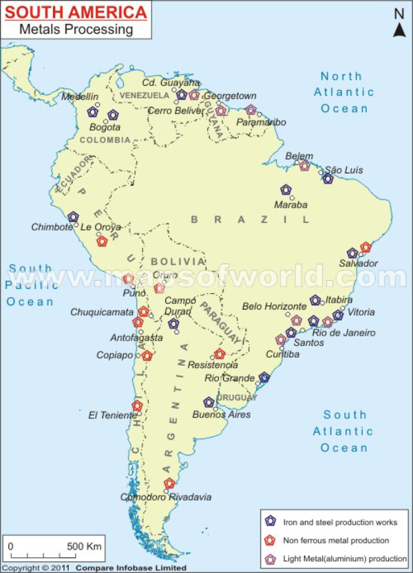 Map of metals processing sites across South America